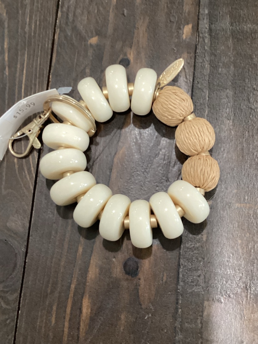 Ivory Beaded Stretch Wristlet with Raffia‎ Accent